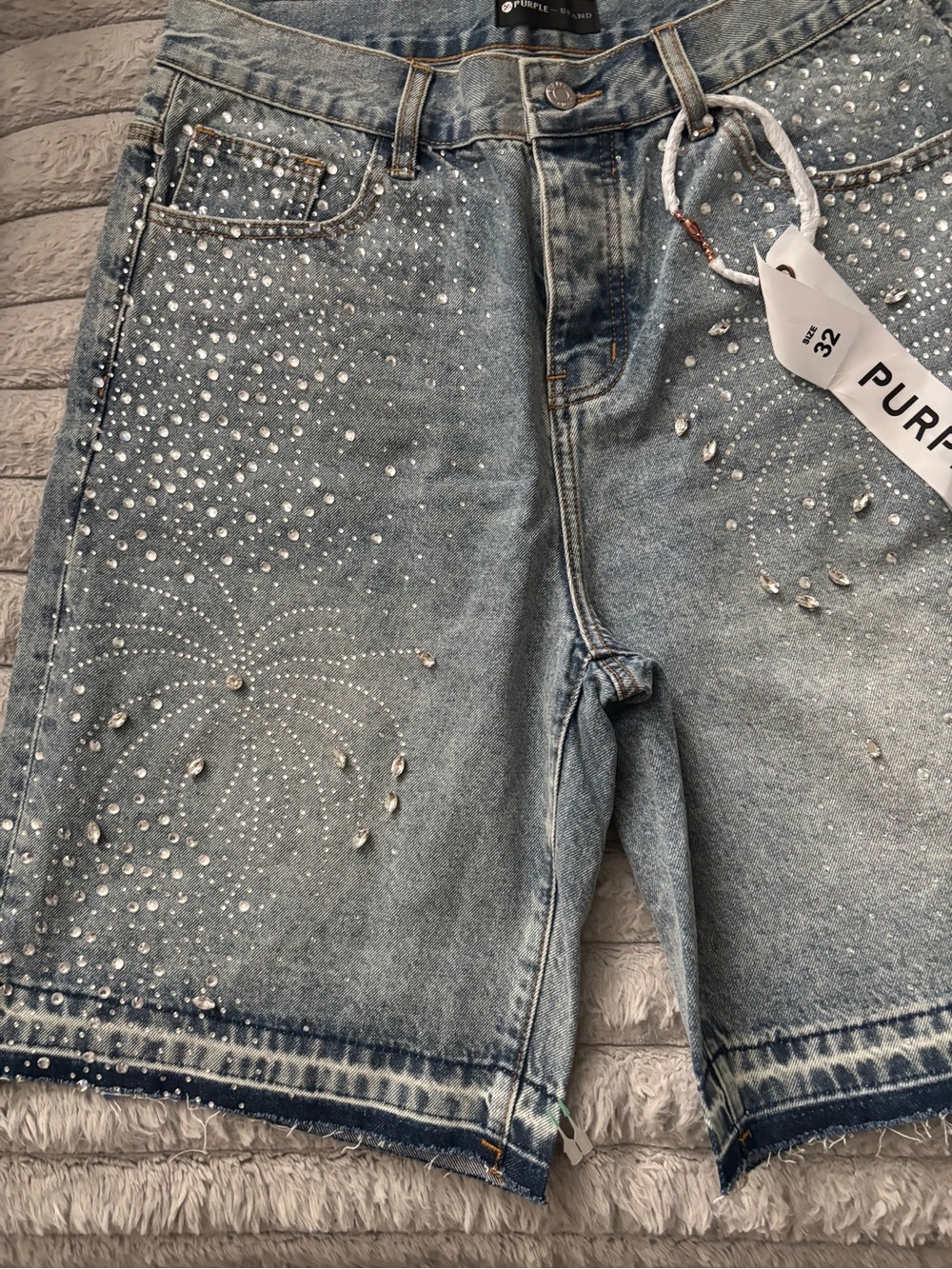 Purple Brand Light Blue Embellished Denim Men’s Shorts - Size 32